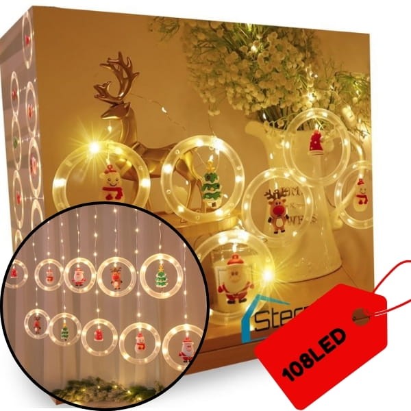 Kurtyna świetlna 108 led, lampki świąteczne, figurki w witrażach girlanda zasłona.jpg