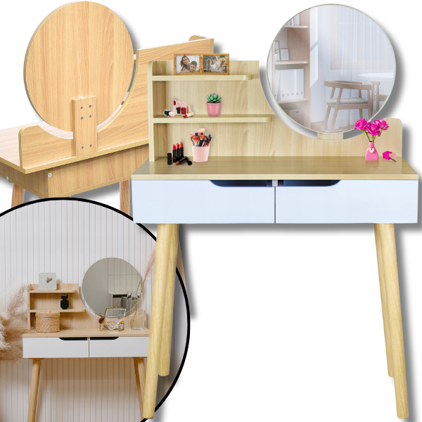 Bukowa toaletka 40x80cm skandynawska dla dziewczynki lustro kosmetyczka.png