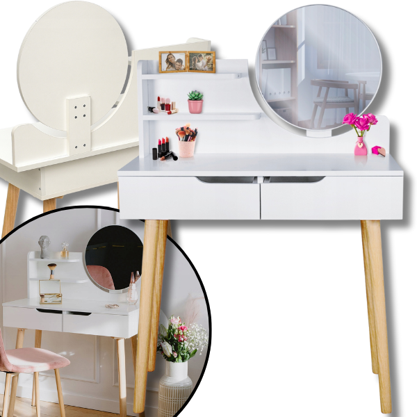 Biała toaletka 40x80cm skandynawska dla dziewczynki lustro kosmetyczka.png