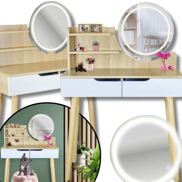 Bukowa toaletka 40x80cm podświetlane lustro led dla dziewczynki kosmetyczka.png