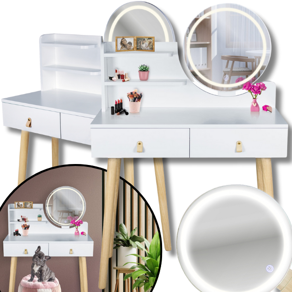 Biała toaletka 40x80cm podświetlane led lustro skórzany uchwyt kosmetyczka0.png