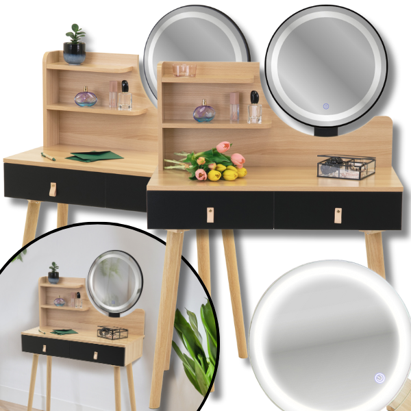 Bukowa toaletka 40x80cm podświetlane lustro led kosmetyczka czarna szuflada3.png