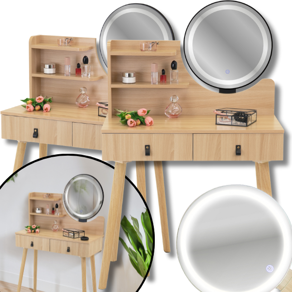 Bukowa toaletka 80x40cm z podświetlanym lustrem led kosmetyczka szuflada bukowa4.png