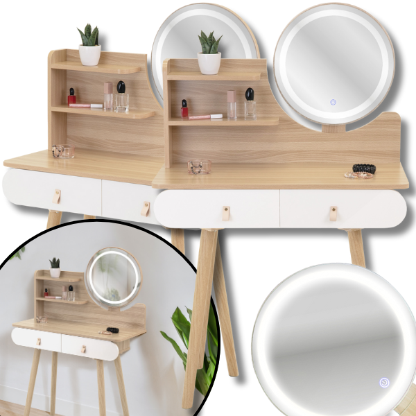 Toaletka bukowa 80x40cm lustro led podświetlane kosmetyczka biała szuflada4.png