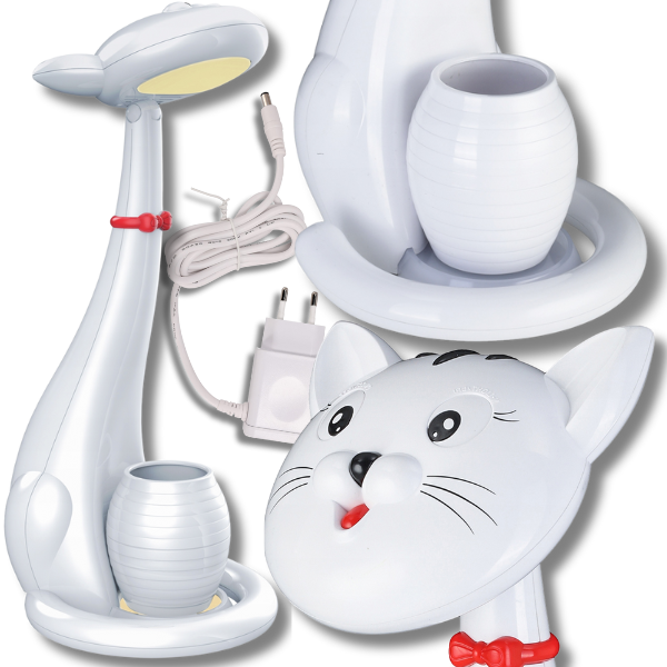 Biała lampka biurkowa dla dzieci na biurko stołowa led kotek 6W nauka.png