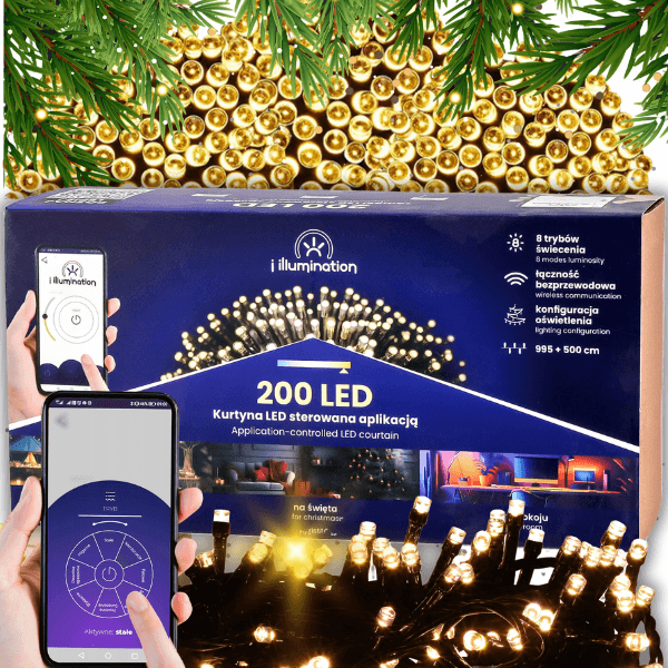 Białe ciepłe lampki choinkowe 200LED światła wewnętrzne sterowane telefonem (4).png