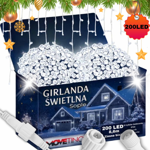 Światełka zewnętrzne 200LED kurtyna świetlna lampki na zewnątrz biały zimny.png