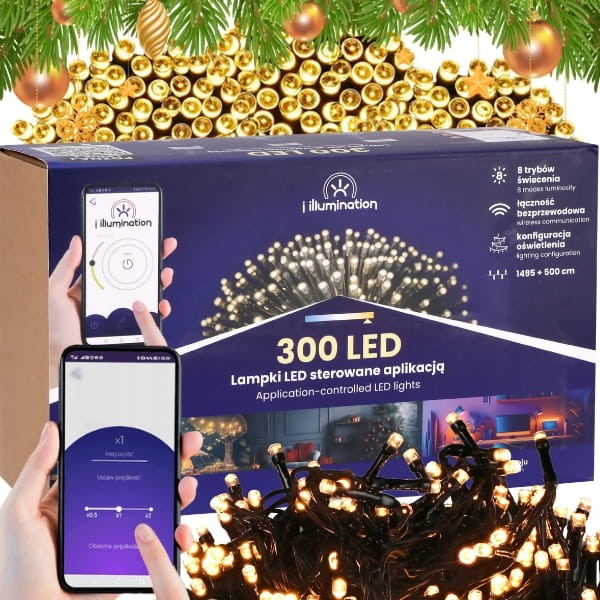 Białe ciepłe lampki choinkowe 300LED światła wewnętrzne sterowane telefonem  (2).jpg