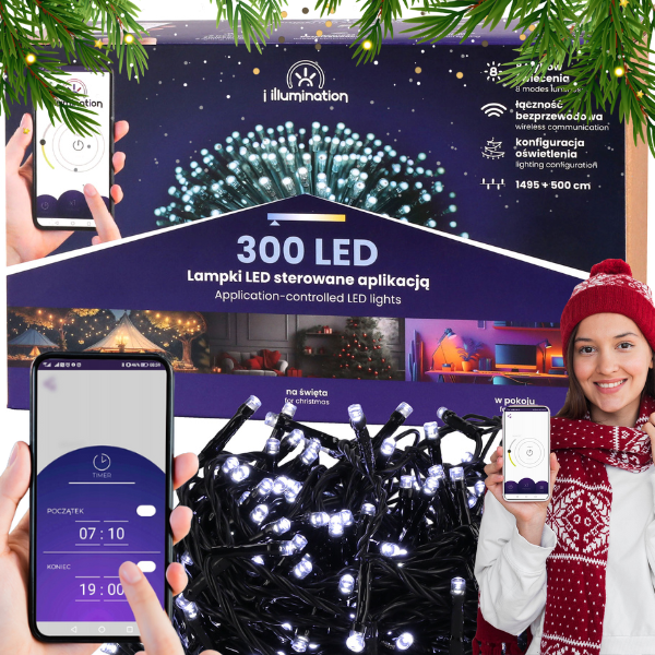 Białe zimne  lampki choinkowe 300LED światła na aplikacje sterowane telefonem .png