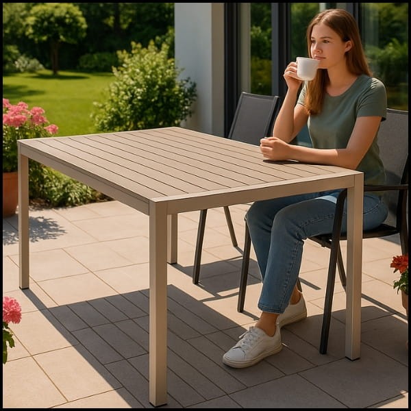 Beżowy stół ogrodowy 150x90x72,5cm  stolik na taras balkon blat pollywood aluminiowy (5).jpg