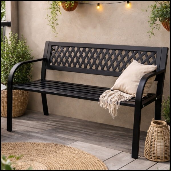 Ławka ogrodowa 119x56cm parkowa plastikowe oparcie metalowy stelaż  (10).jpg