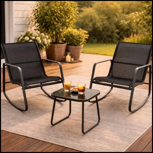 Zestaw mebli ogrodowych 2 fotele krzesła bujane textilene stolik szklany