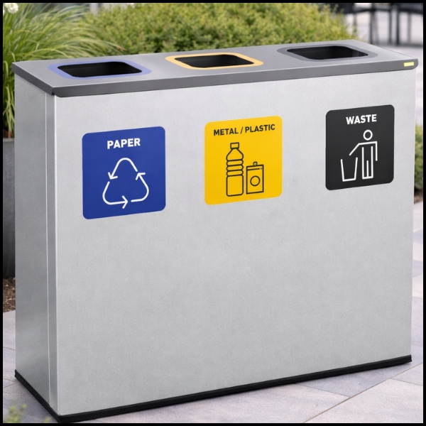 Srebrny kosz 180L na śmieci odpady do segregacji 3 komory stalowy
