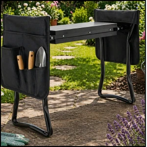 Czarny stołek ogrodowy, klecznik  z gąbką, składana ławka, regulacja wysokości