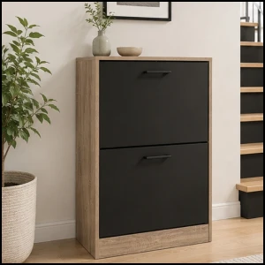 Czarno-dębowa  szafka na buty 82x24x60cm regał 2 komory obuwie komoda pojemna do przedpokoju