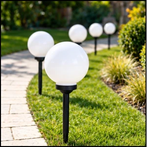 Lampa solarna 4 led wbijana czujnik zmierzchu do ogrodu 73cm biała kula ip44